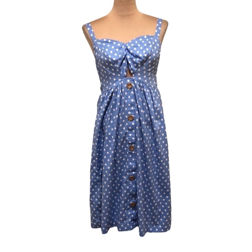 Francesca’s Collection Midi Dress Size Small Sky Blue Polka Dot Cut Out Bust
